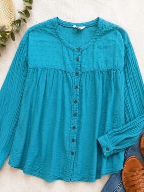 Anthropologie Pilcro Teal Swiss Dot Button Down Blouse Size XS